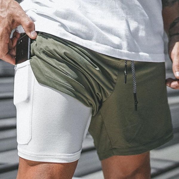 

running shorts men gym inside and outside double-layer built-in phone pocket short sport homme training exercise joggers clothing, White;black