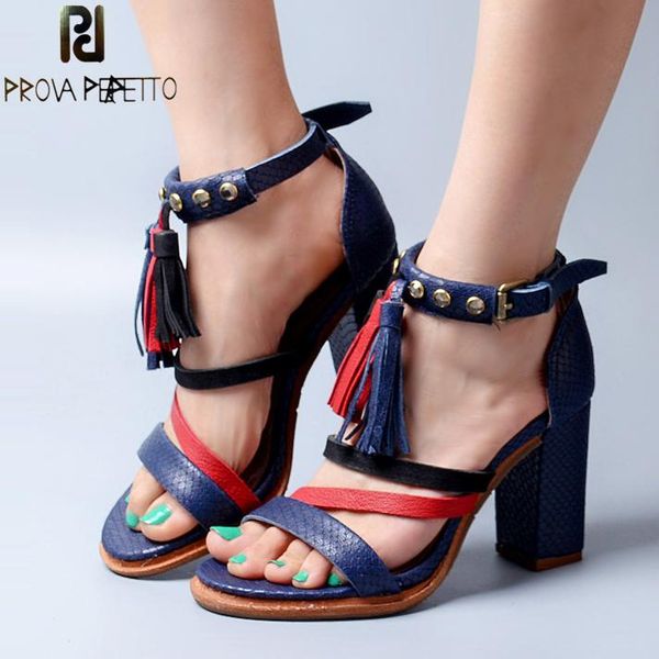 

prova perfetto arrival snakeskin chunky high heel fringe women sandals mixed color narrow band fashion gladiator shoes mujer, Black
