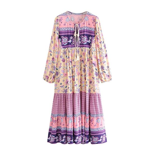 

autumn women leisure dress o-neck print maxi female bohemian beach long sleeve tassel trendy dresses vestitos casual, Black;gray