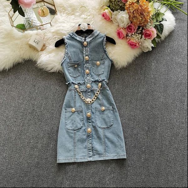 

women dresses denim jeans single breasted dress vestidos sleeveless back zipper woman summer casual slim mini, Black;gray