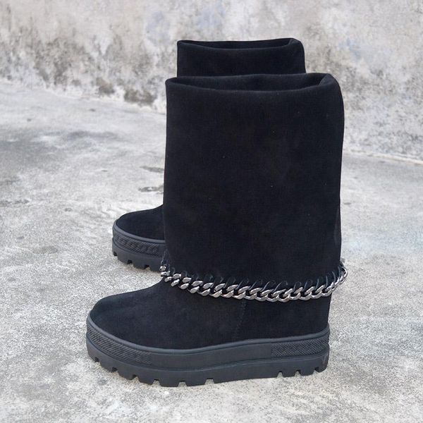 

boots round toe wedges women genuine leather short ankle suede calfskin motorcycle shoes ladies matin 2021, Black