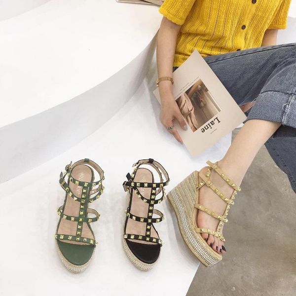 

dress shoes ladies wedge sandals platform lace-up summer high heels rivet roman rope woven female women's, Black