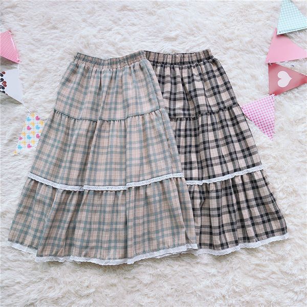 

skirts japan style sweet plaid skirts loose pretty girl student line vintage female long skirt, Black