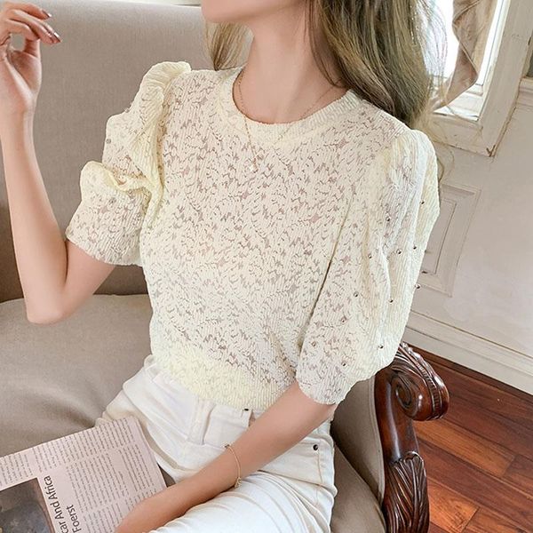 

women's blouses & shirts hanbok puff sleeve lace shirt short-sleeved bottoming summer hollow round neck solid color blouse women13830, White