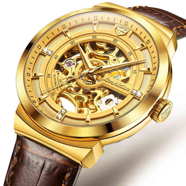 

watch men's new transparent skeleton automatic movement waterproof mechanical clock luxury brand fashion sports polar for man, Slivery;brown