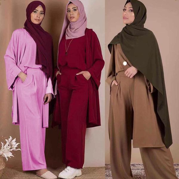 

ethnic clothing three-piece abaya turkish kimono pants muslim dress abayas hijab robe dubai caftan kaftan islam for women djellaba, Red