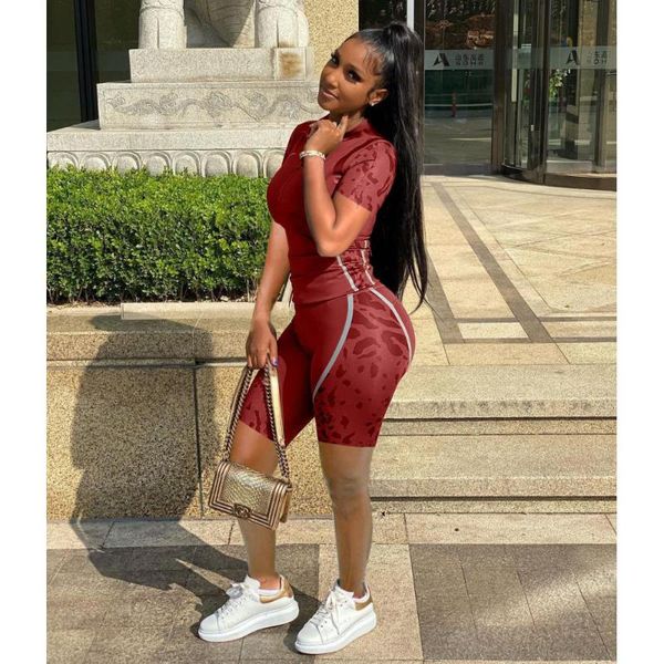 

women's tracksuits workout 2pcs athletic outfits camouflage printed zipper short sleeve t shirt skinny biker jogger shorts, Gray