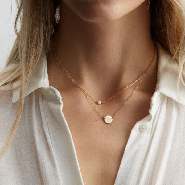 

chains simple design bohemian personality fashion trend pendant necklace for women double chain disc pearl clavicle charm jewelry, Silver