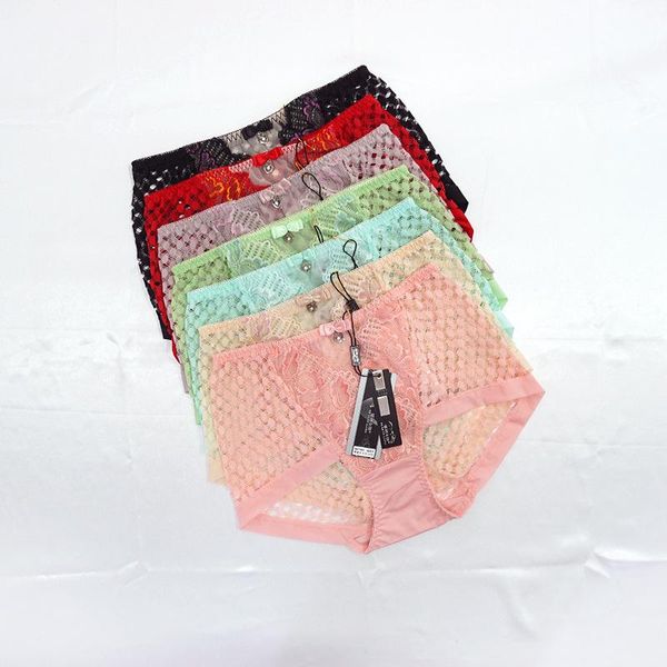

women's panties lace underwear transparent mesh cotton mid waist briefs clothes for women, Black;pink