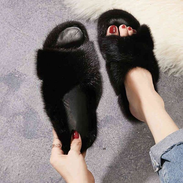 

sandals 100% natural mink slippers, women's fur flat sli rco3, Black