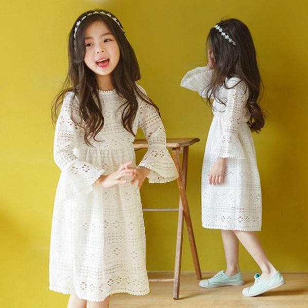 

girls' dresses 4-11 years old girls mid-calf sweet lace flare sleeve hollow out white princess children clothing teenager summer, Red;yellow