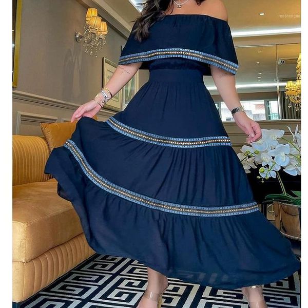 

casual dresses off-shoulder dress for women 2021 fashion slash collar blue summer solid high waist female party long, Black;gray