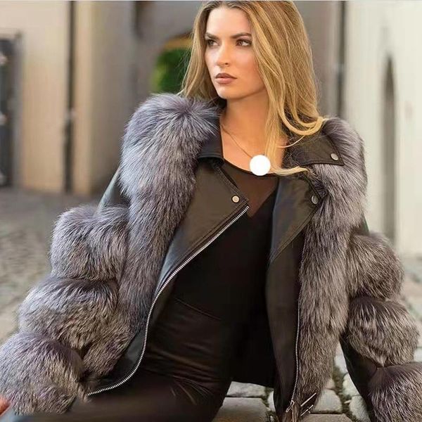 

women's fur & faux women winter real sleeves turtleneck moto style coatsjackets female natural genuine leather jackets with removable, Black