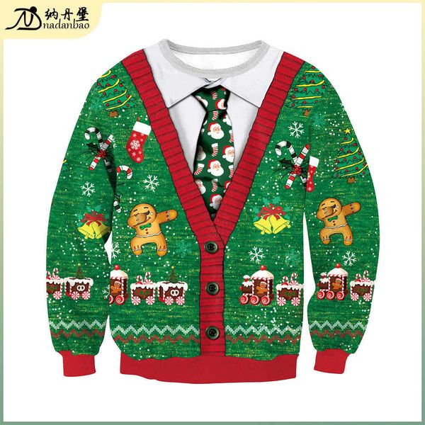 

2021 autumn women's christmas holiday two neckties printed round neck sweater, Black