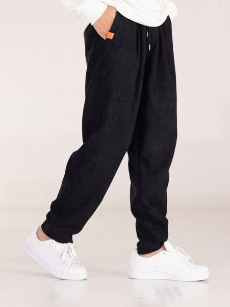 

men patched detail drawstring waist corduroy pants h52s#, Black
