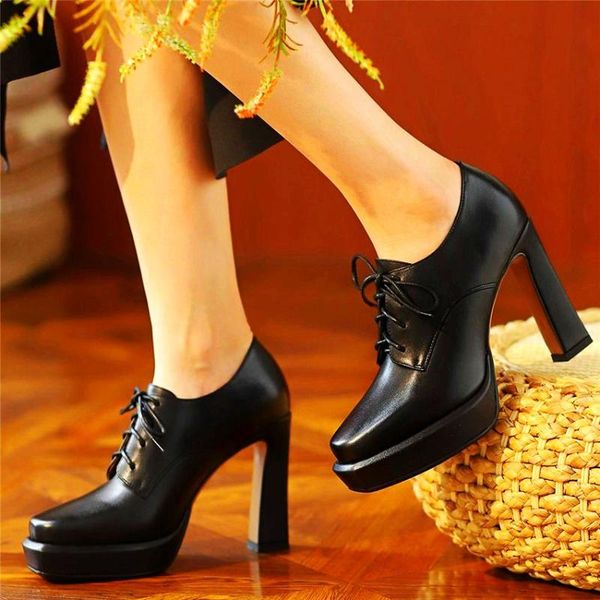 

dress shoes ankle boots punk women's cow leather platform high heels party pumps block wedding nightclub 34 35 36 37 38 39, Black