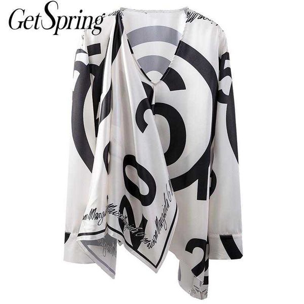 

getspring women blouse asymmetric shirt letter printed scarf stitching ladies loose casual long woman blouses spring 210601, White