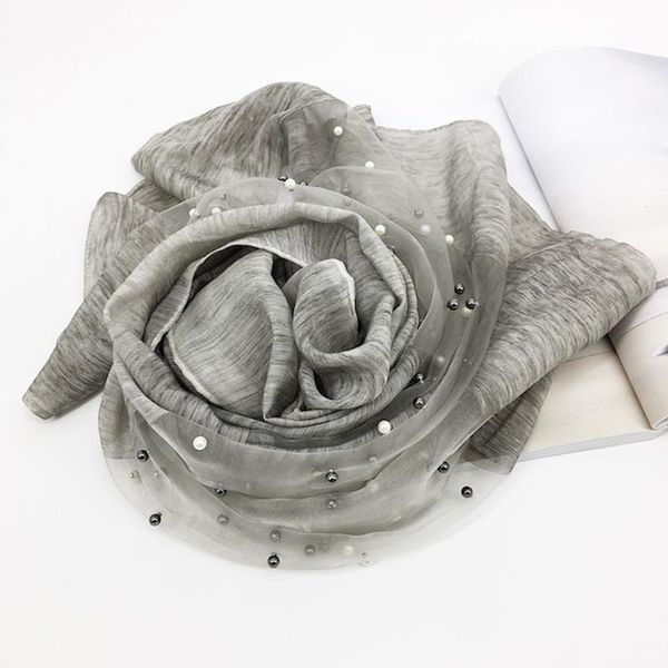 

scarves lace silk scarf fashion patchwork pearl transparent sunscreen shawl beach towel muslim headscarf boho, Blue;gray
