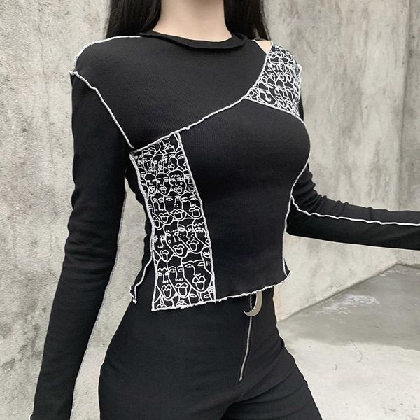 

women's t-shirt european and american autumn slimming bottoming shirt hole stitching printing harajuku long-sleeved slim, White