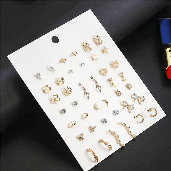 

pairs fashion micro-inlaid rhinestone pearl lock bow heart-shaped five-pointed star combination earrings set jewelry gift stud, Golden;silver