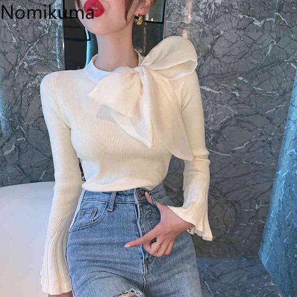 

nomikuma sweet bow tie collar pullover knitwear autumn flare long sleeve knitted korean slim basic women sweater 6c872 210427, White;black