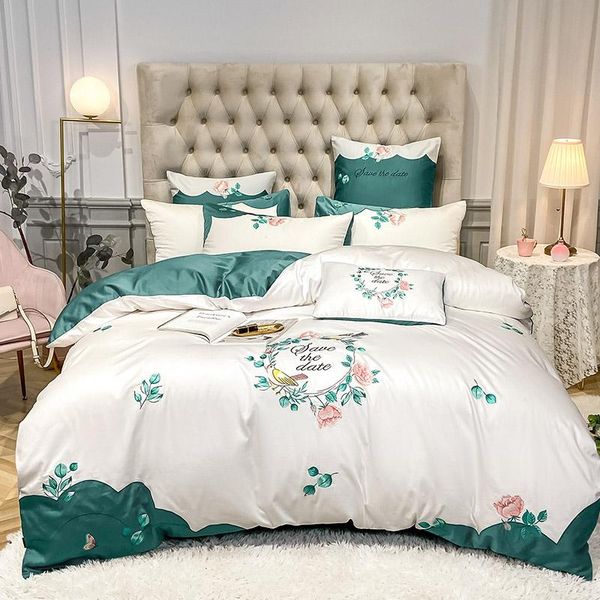

bedding sets luxury white/green 600tc egyptian cotton garland flowers bird embroidery set duvet cover flat/fitted sheet pillowcases