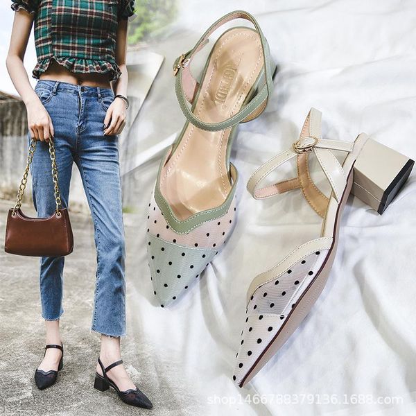 

sandals pointed toe mesh polka dot women breathable summer shoes thick heels sandales femme buckle strap sandalias big size42/43, Black