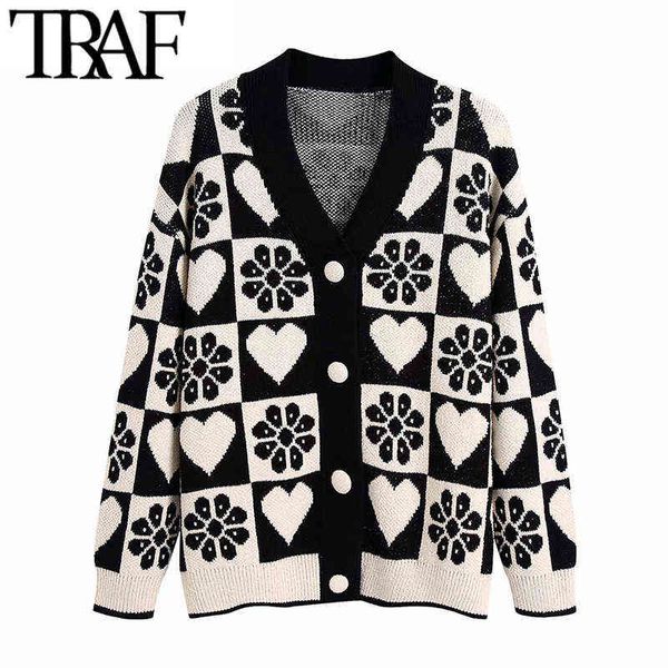 

traf women fashion jacquard loose knit cardigan sweater vintage long sleeve covered buttons female outerwear chic 211217, White;black