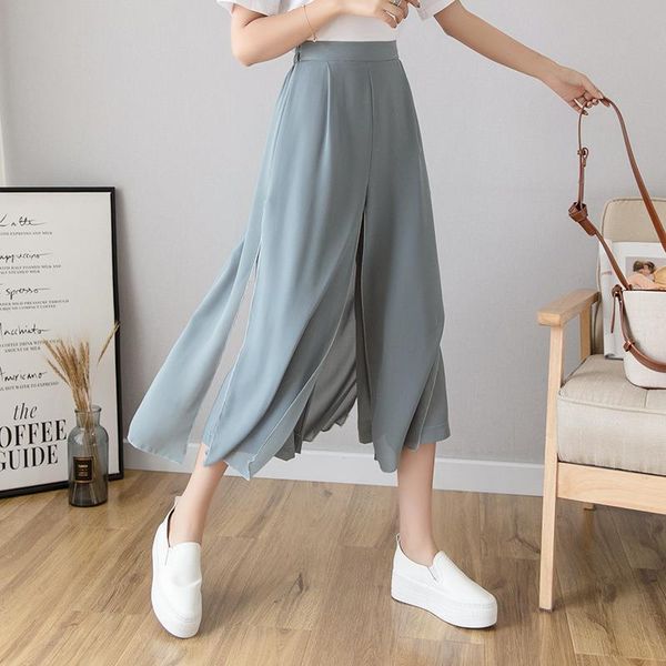 

fashion wide leg elegant womens capri solid elastic high waist trousers casual loose ankle length pant skirts streetwear, Black;white