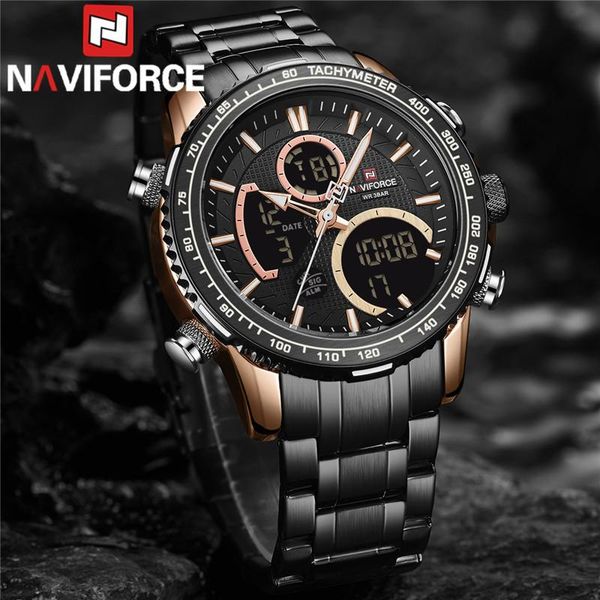 

wristwatches naviforce classic men watch quartz digital male clock military sport black stainless steel man wristwatch 9182, Slivery;brown