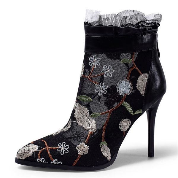 

norberg luxury brand lace ankle boots women mesh shoes europe wind net yarn fine heels shoes sweet style dress shoes femme 210507, Black
