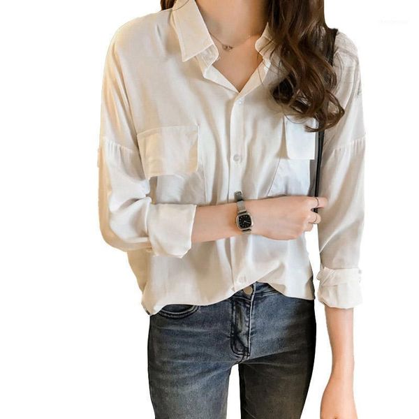 

women's blouse solid color spring summer long-sleeve loose sunscreen jacket shirt female 2021 blouses & shirts, White