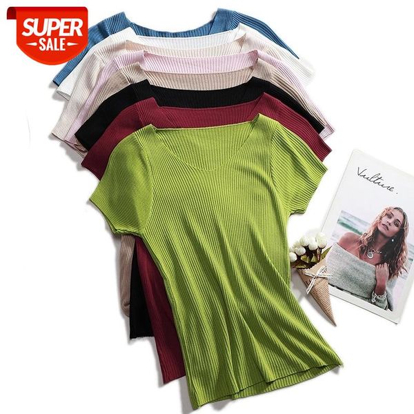 

Summer T Shirt Women Fashion V-Neck Tshirt Knitted Cotton 2021 Korean T-Shirt Woman Clothes Tee Shirt Femme Camisetas Mujer #WI4u, White