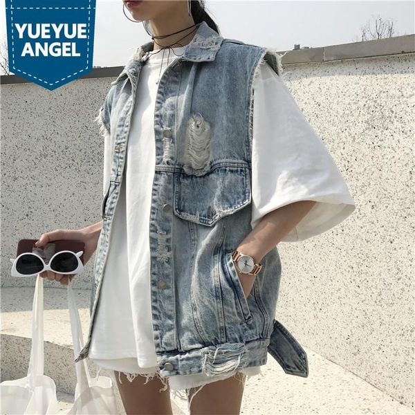 

women's vests harajuku washed hole ripped jeans waistcoat for women loose sleeveless vest vintage tassels oversize denim female jacket, Black;white