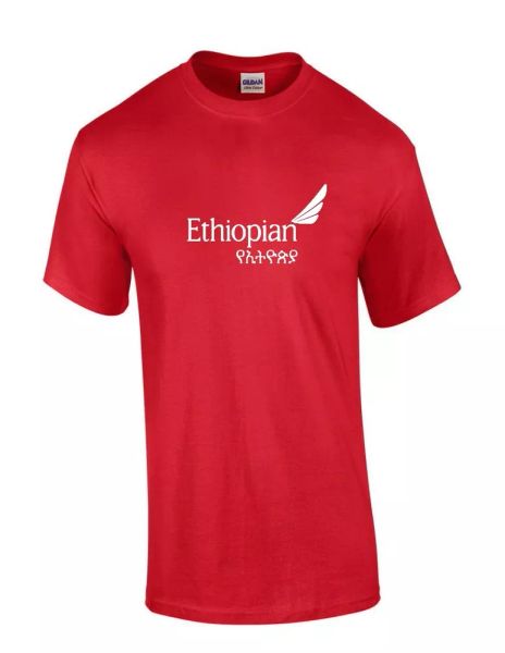 

ethiopian airlines white logo african aviation red cotton t-shirt, White;black