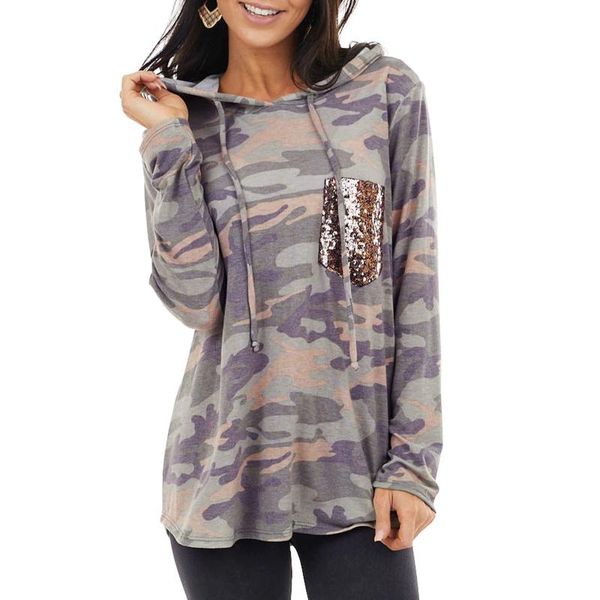 

camouflage print sweatshirts women sequins pocket long sleeve drawstring loose vestido sudadera mujer hooded collar hoodies, Black