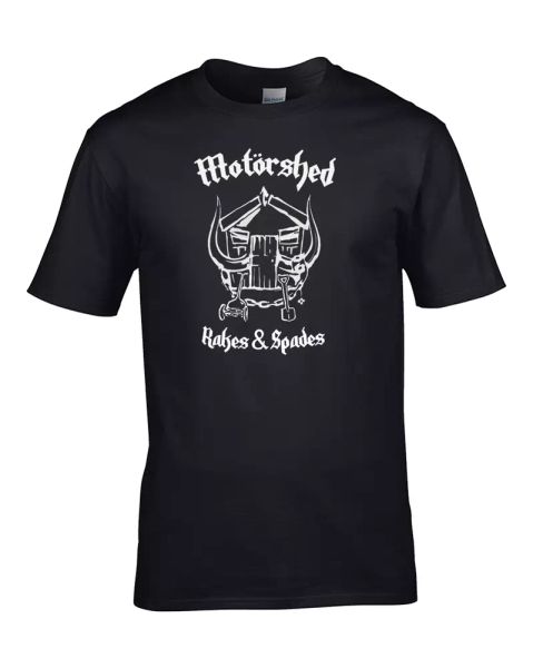 

motorshed- rakes and spades- heavy metal shed loving t-shirt, White;black