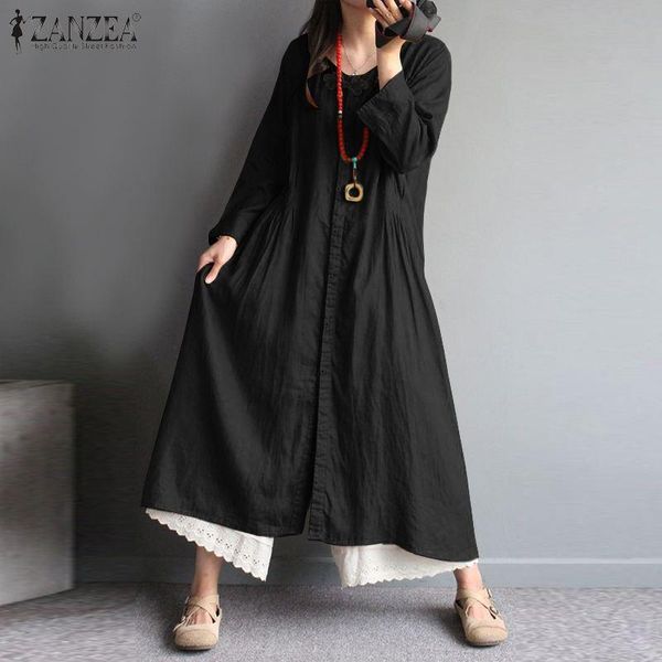 

mid-calf dresses women zanzea female vintage shirt dress spring long sleeve sundress oversized 5xl casual solid robe femme, Black;gray