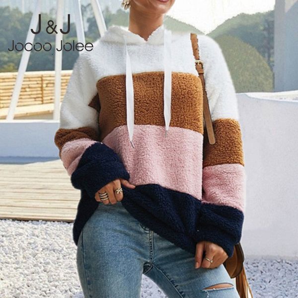 

jocoo jolee plus size autumn winter hoodies women casual striped long sleeve sweatshirt hit color fluffy hoodies fleece pullover 210518, Black