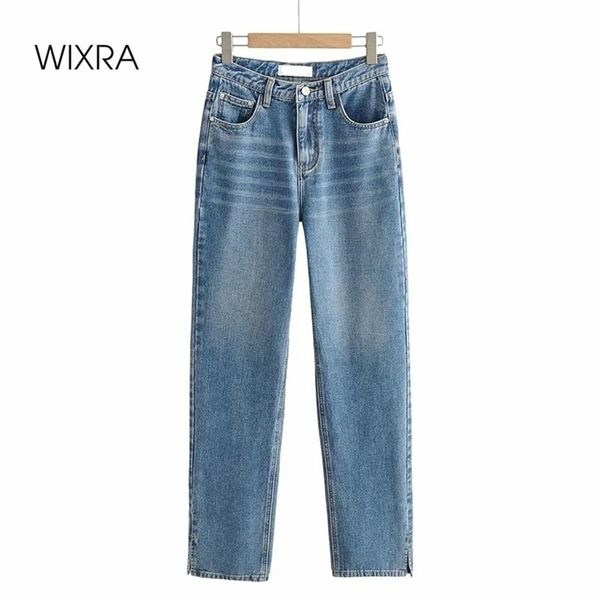 

wixra side opening high waist jeans women streetwear straight jean femme blue black 100% cotton cargo denim pants 210322