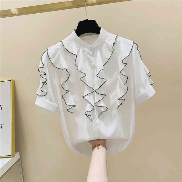 

blouses ruffled stand collar short sleeve chiffon shirt women's summer korean-style loose-fit fashion white blouse blusas mujer