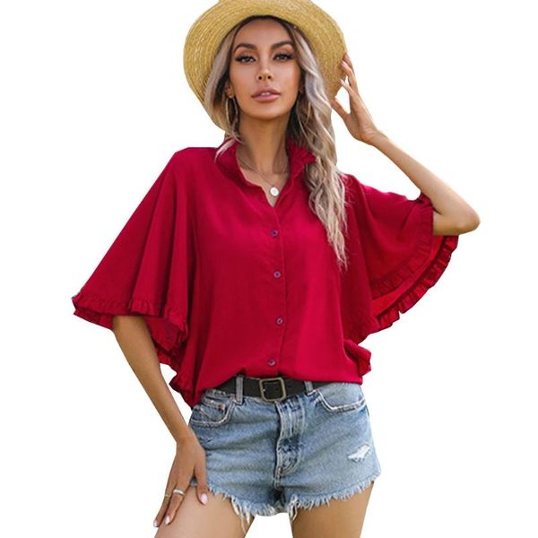 

women's polos 2021 summer style european and american fashion solid color ruffled short-sleeved shirt women, White