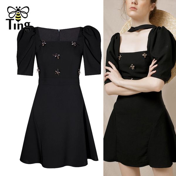 

vintage square neckline sweet sofl girl black mini dress summer puff sleeve crystal bee decor japanese koren 210513, Black;gray
