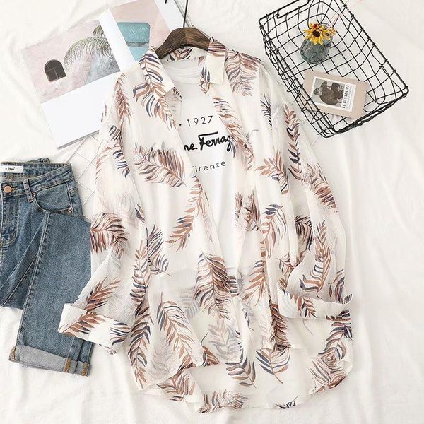 

women's blouses & shirts puwd casual woman loose seethrough print shirt 2021 summer vintage beach thin long outwear ladies soft oversiz, White