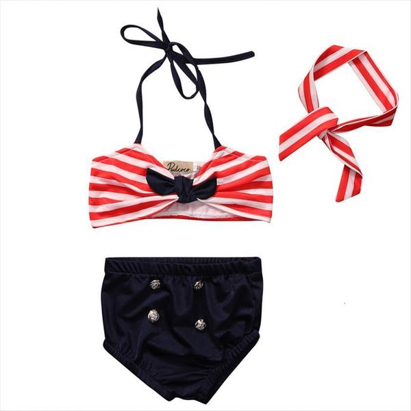 

fashion lovely summer 3pcs toddler baby girls swimwear sleeveless belt striped bow bikini set pants headband, White