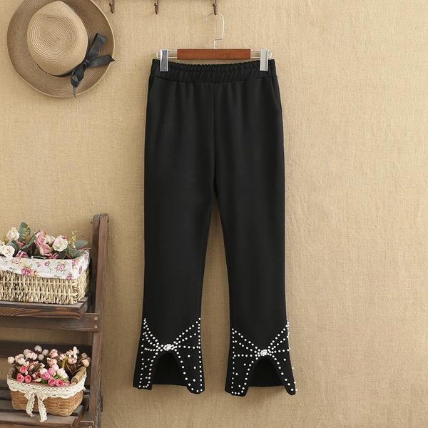

plus size pants set high waist quality elastic fabric leg ends are beaded with butterfly shape pearls directly in spring, Black