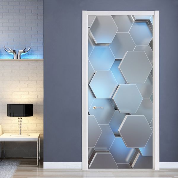Modern 3D Stereo Geometric Door Mural PVC Self-Adhesive Waterproof Wall Sticker Living Room Creative Decor Door Stickers Poster 210317