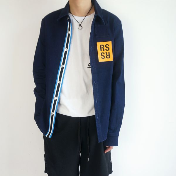 

raf 16aw simons arch contrast ribbon orange navy denim shirt coat, White;black