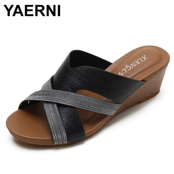 

slippers yaerni fish mouth wedge sandals female 2021 summer style bohemian folk retro roman fashion platform shoes, Black