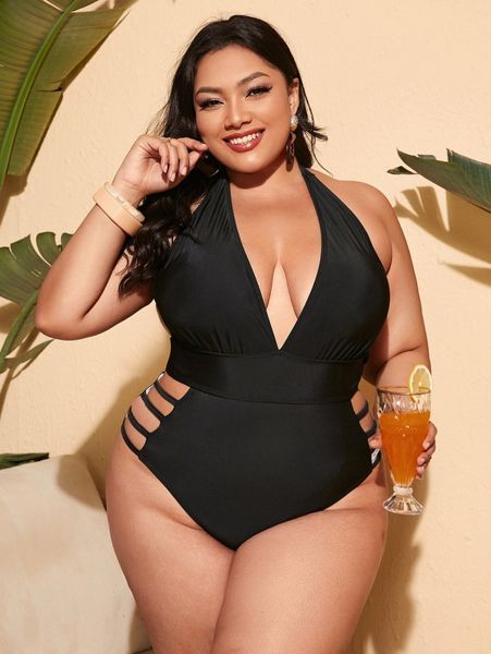 

plus plain hollow out one piece swimsuit k3ci#, Black